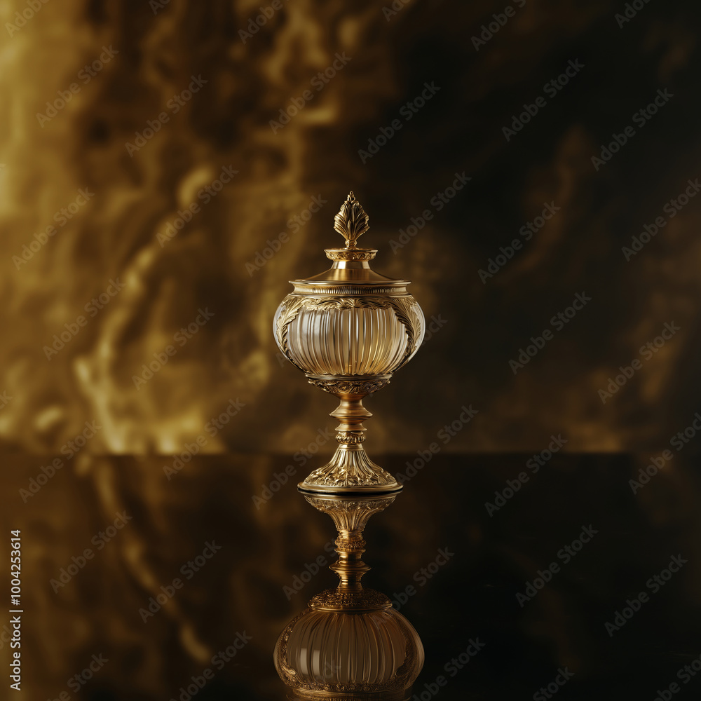 Obraz premium A stately gold urn with intricate designs stands prominently, reflecting light in a sumptuous setting.