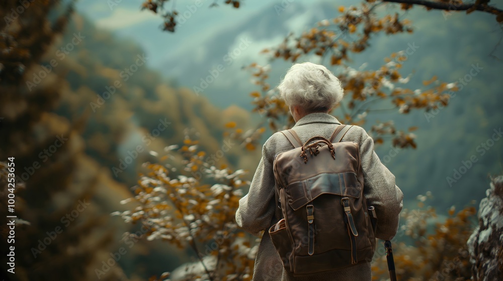 Senior woman admiring mountain view. Autumn hiking experience Senior woman admiring mountain view. Autumn hiking experience