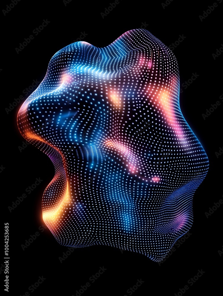 Abstract 3D shape with vibrant blue and orange glowing dots on a black background, perfect for digital art designs. A minimalist poster in metallic and chrome gradient style. Abstract 3D shape with vibrant blue and orange glowing dots on a black background, perfect for digital art designs. A minimalist poster in metallic and chrome gradient style.