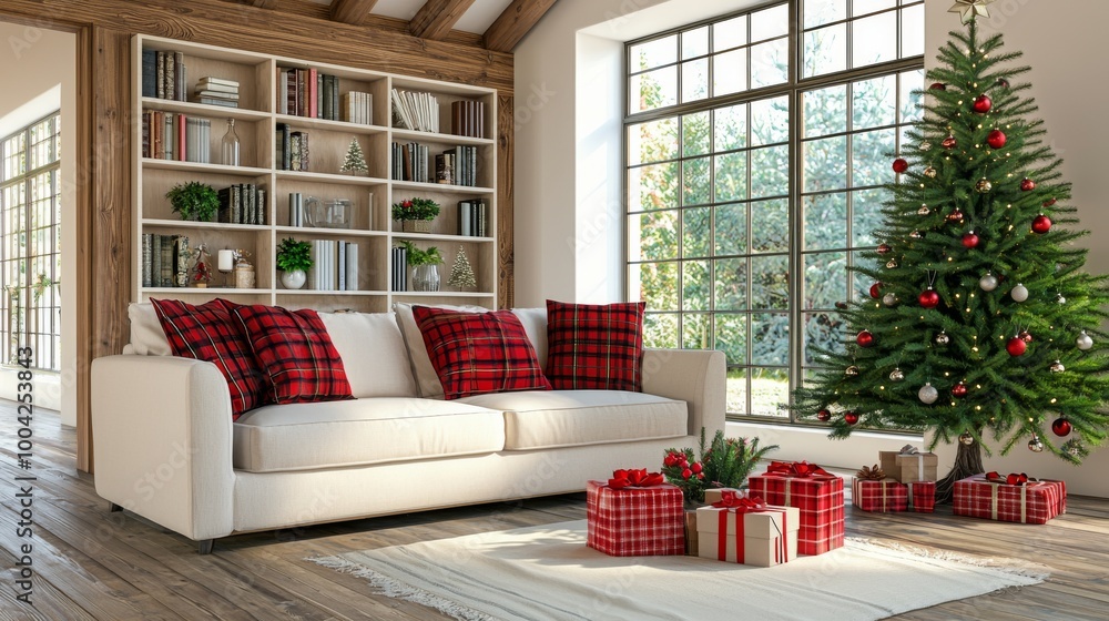 A cozy living room interior with large windows and a fireplace, set for a winter Christmas A cozy living room interior with large windows and a fireplace, set for a winter Christmas