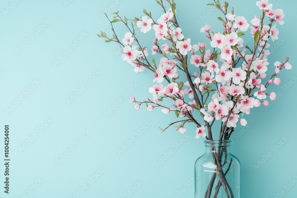 A bunch of delicate cherry blossoms in a clear vase over a teal background, symbolizing elegance and renewal. A bunch of delicate cherry blossoms in a clear vase over a teal background, symbolizing elegance and renewal.