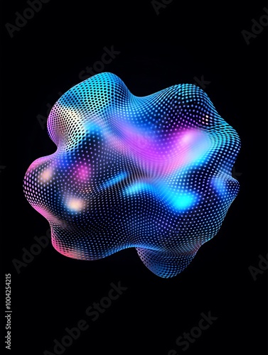 Abstract 3D shape with vibrant colors and intricate dot pattern on a black background. A minimalist poster in metallic and chrome gradient style.