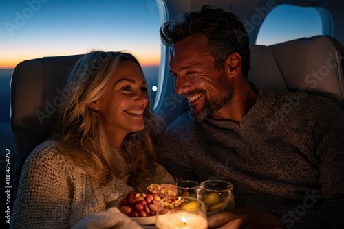 A couple shares a romantic moment aboard a plane, basking in the warm light of sunset, with drinks and snacks. The cozy setting emphasizes intimacy and comfort. photo