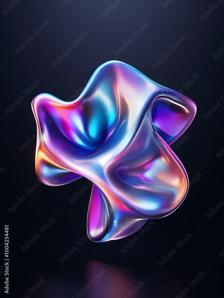 Abstract 3D shape with vibrant colors and smooth surface, set against a dark background. A minimalist poster in metallic and chrome gradient style. Abstract 3D shape with vibrant colors and smooth surface, set against a dark background. A minimalist poster in metallic and chrome gradient style.