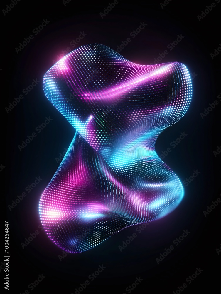 Abstract 3D shape with vibrant neon colors against a dark backdrop, creating a mesmerizing visual effect. A minimalist poster in metallic and chrome gradient style.
