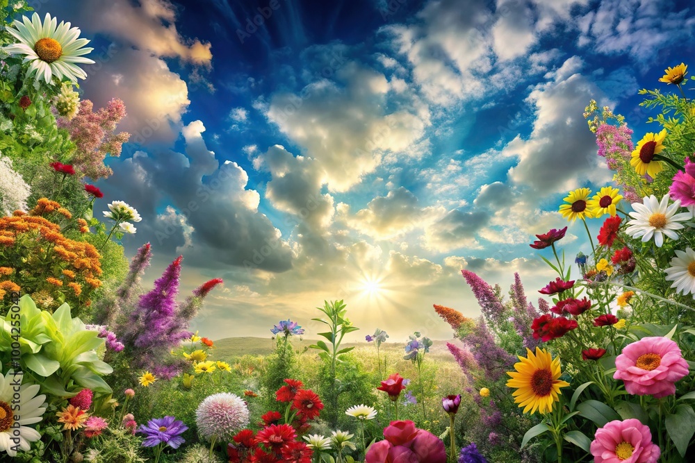 Panoramic view of plants and flowers under the sky Panoramic view of plants and flowers under the sky