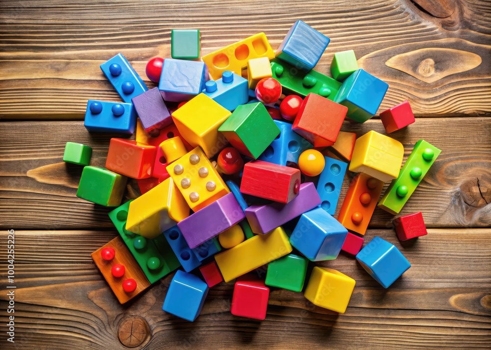 Naklejka premium Colorful stack of various building blocks arranged creatively on a wooden surface for playtime fun