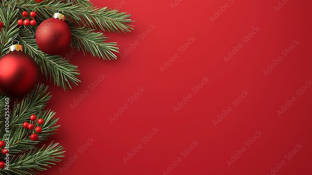 New Year's greeting card with fir tree branches, red ornaments, balls and garland on crimson background. Template with space for text. New Year's greeting card with fir tree branches, red ornaments, balls and garland on crimson background. Template with space for text.