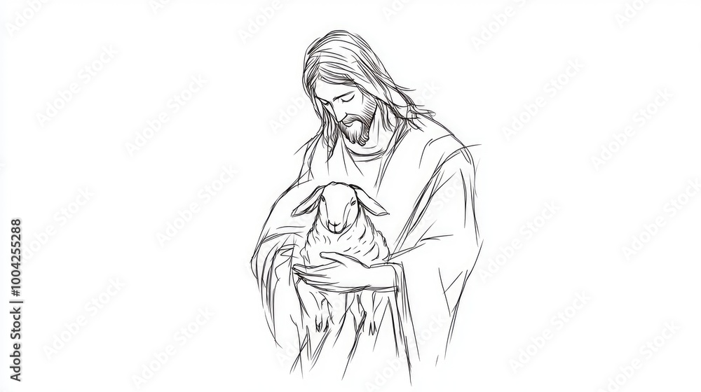 Jesus Christ with lamb, simple line art representing peace and compassion Jesus Christ with lamb, simple line art representing peace and compassion