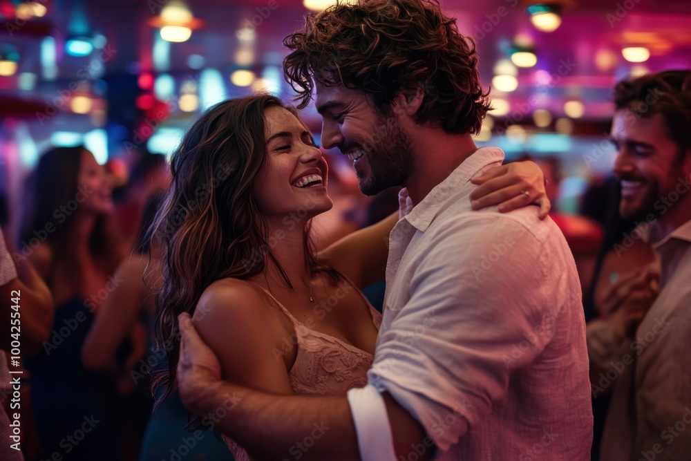 A couple shares a joyful laugh as they dance under vivid club lights, radiating happiness and energy in a dynamic and loving environment full of music. A couple shares a joyful laugh as they dance under vivid club lights, radiating happiness and energy in a dynamic and loving environment full of music.