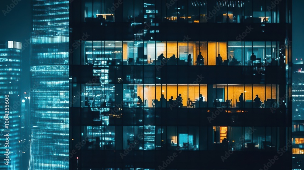 silhouettes of office workers visible through illuminated windows of modern skyscraper at night. urban scene captures late-night overtime in bustling business district. silhouettes of office workers visible through illuminated windows of modern skyscraper at night. urban scene captures late-night overtime in bustling business district.