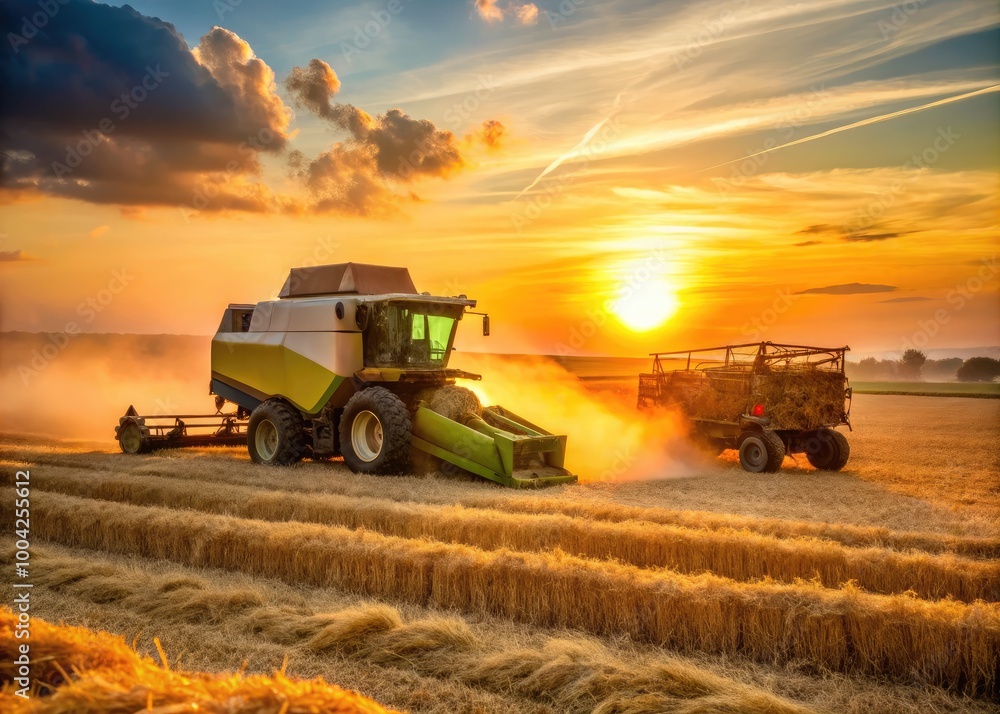 Fototapeta premium Combine Harvester Baling Wheat Straw at Sunset in Dusty Field with Bales of Pressed Straw Nearby