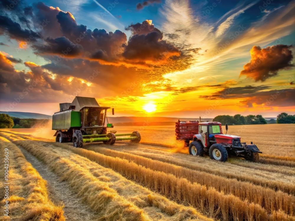 Fototapeta premium Combine Harvester Baling Straw in Wheat Field at Sunset with Dust and Tractor in the Background
