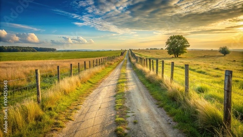 Panoramic view of sandy road through meadows fenced with poles and barbed wire