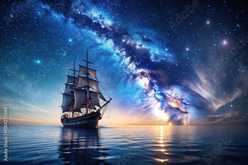 Panoramic view of ship sailing in night ocean with stars in sky