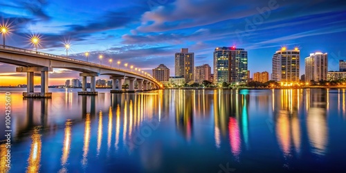 Panoramic view of Sarasota Florida skyline and bridge at night over bay