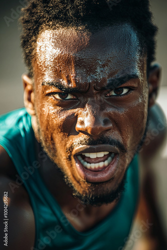 Close-up of a determined sprinter crossing the finish line, face showing effort