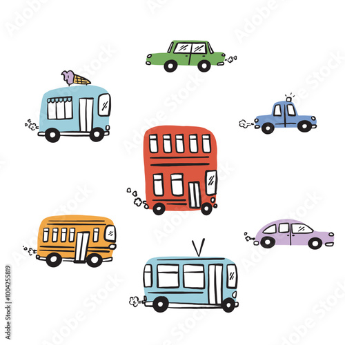 Cute cars hand drawn set, flat nice city cars  isolated on white background. Cute cartoon vector illustration. Childish city cars t shirt print, fun design, transport theme, board games, icons