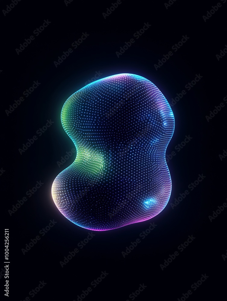 Abstract colorful 3D shape with glowing dots on a dark background. A minimalist poster in metallic and chrome gradient style. Abstract colorful 3D shape with glowing dots on a dark background. A minimalist poster in metallic and chrome gradient style.
