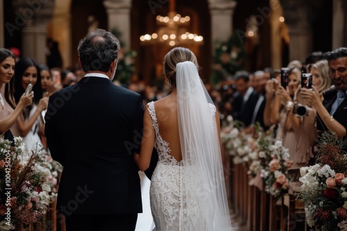 In a stunningly decorated venue, a proud father escorts his smiling daughter in a beautiful gown down the aisle, surrounded by well-wishers capturing the moment.