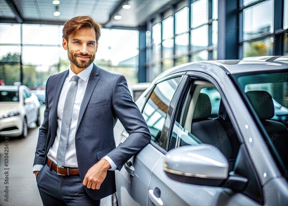 Confident man exploring options while purchasing a new vehicle at a dealership showroom setting Confident man exploring options while purchasing a new vehicle at a dealership showroom setting