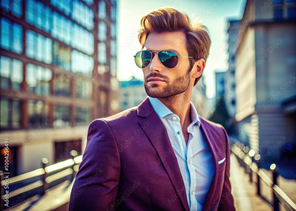 Confident Man in Stylish Outfit Posing with Sunglasses Against Urban Background on a Sunny Day Confident Man in Stylish Outfit Posing with Sunglasses Against Urban Background on a Sunny Day