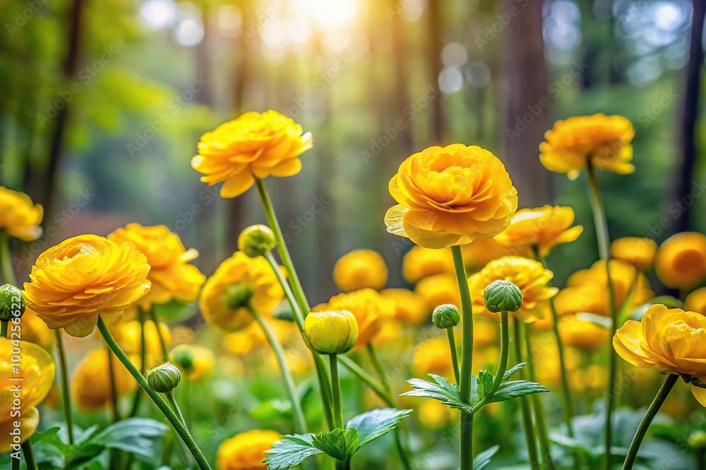 Fototapeta premium Panoramic view of yellow ranunculus flowers blooming at forest edge