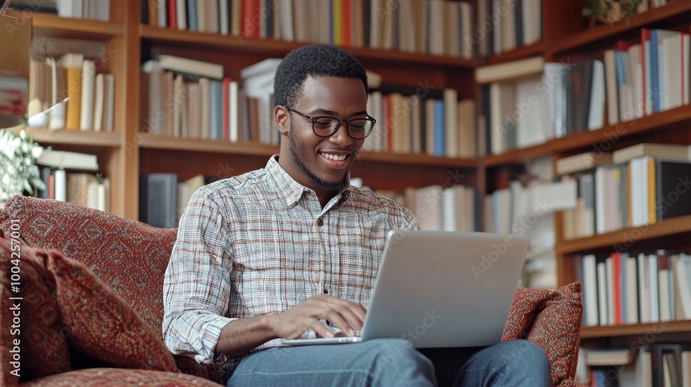 A man is sitting on a couch with a laptop in front of him