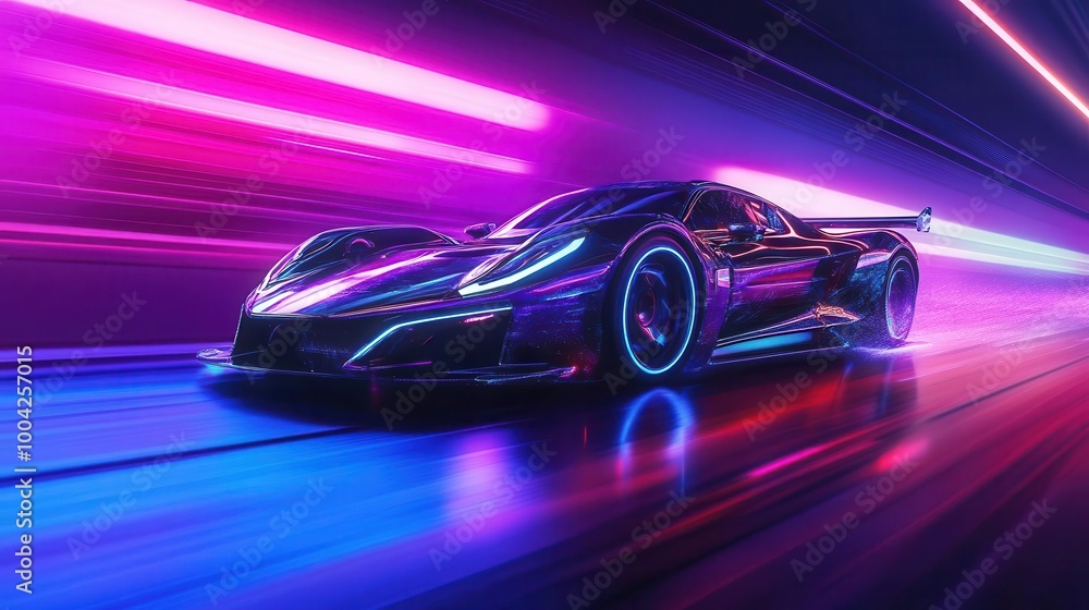 sleek electric sports car drifting on neon-lit futuristic racetrack, motion blur, holographic projections sleek electric sports car drifting on neon-lit futuristic racetrack, motion blur, holographic projections