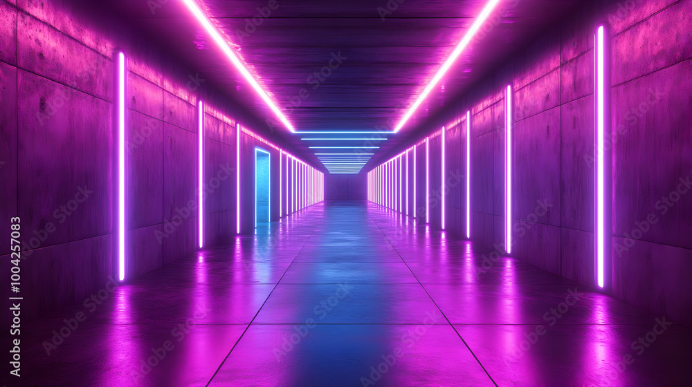 Neon Lights in a Concrete Corridor - 3D Illustration Neon Lights in a Concrete Corridor - 3D Illustration