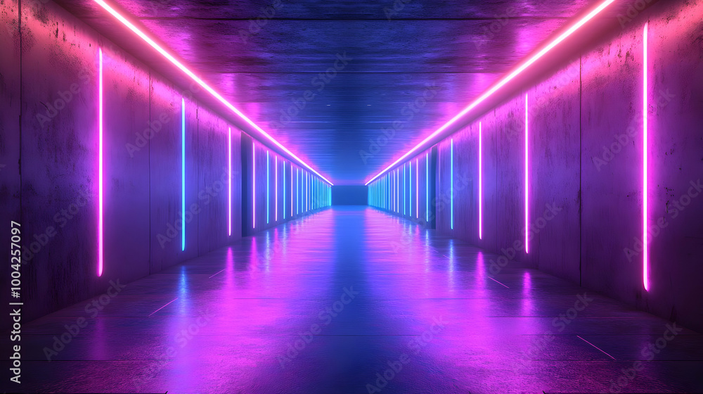 Neon Lights in a Dark Hallway 3D Illustration Neon Lights in a Dark Hallway 3D Illustration