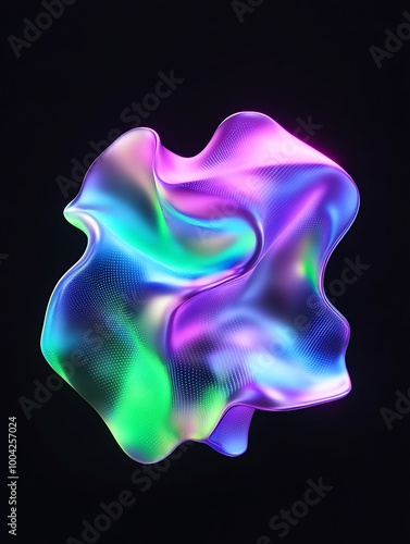 Abstract colorful design with smooth, flowing shapes and vibrant gradients on a dark background. A minimalist poster in metallic and chrome gradient style.