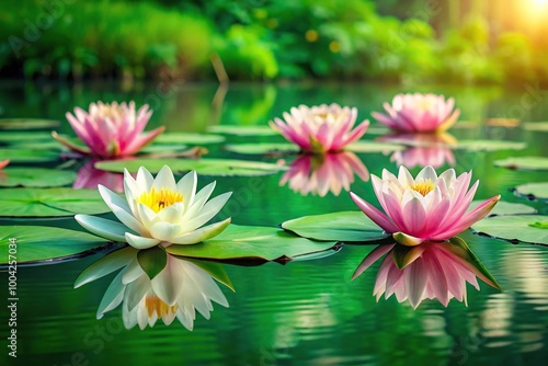 Panoramic water lilies floating on green canvas symbolizing purity, majesty, and enlightenment