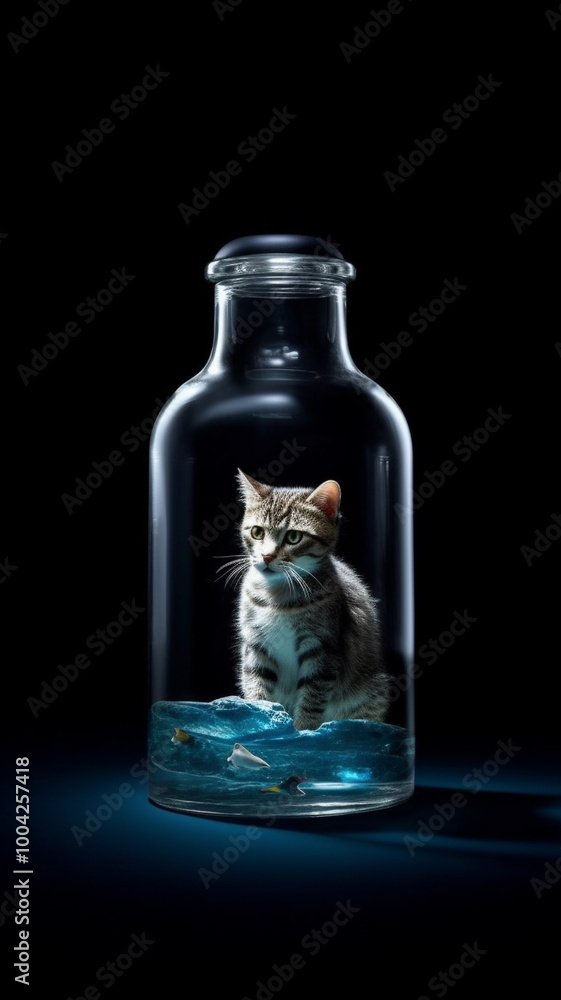Cat Inside a Glass Bottle on Black Background Cat Inside a Glass Bottle on Black Background