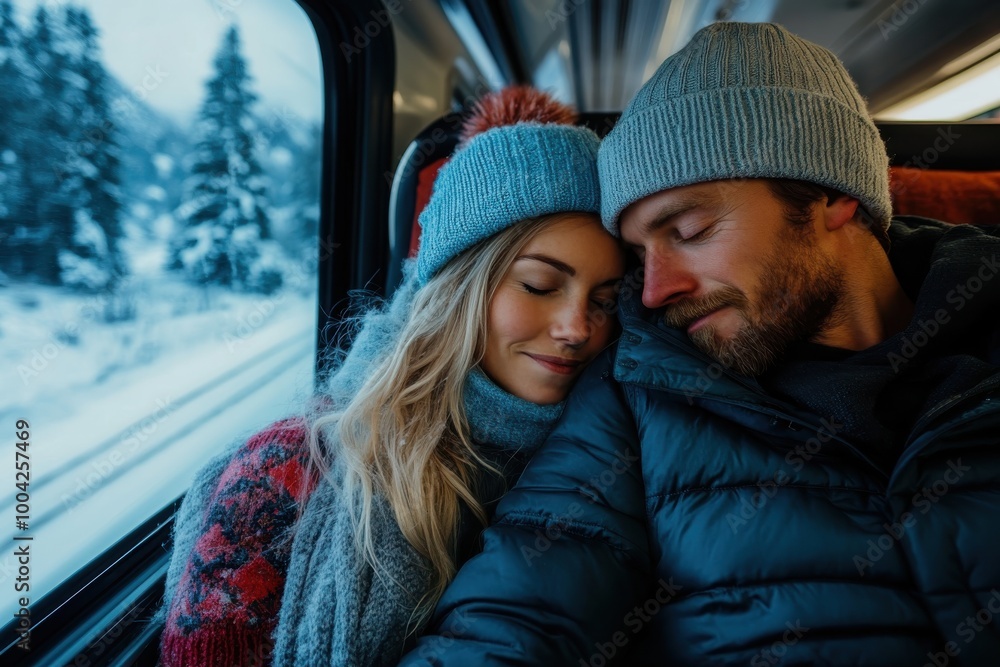 Obraz premium A couple dressed in winter clothing is seen peacefully sleeping as they rest on each other on a warm train ride through a snowy landscape, exuding comfort and love.
