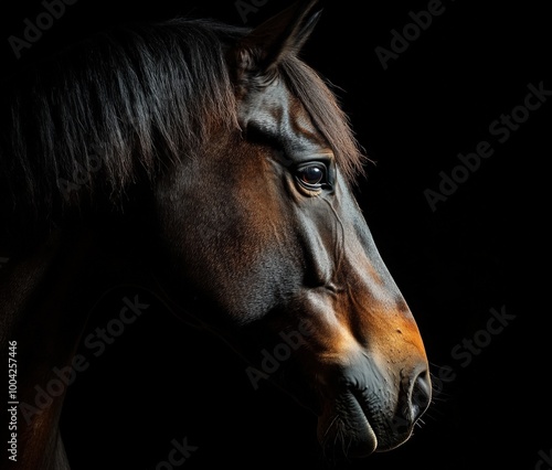 Majestic portrait of a champion horse against a dark background highlighting its features