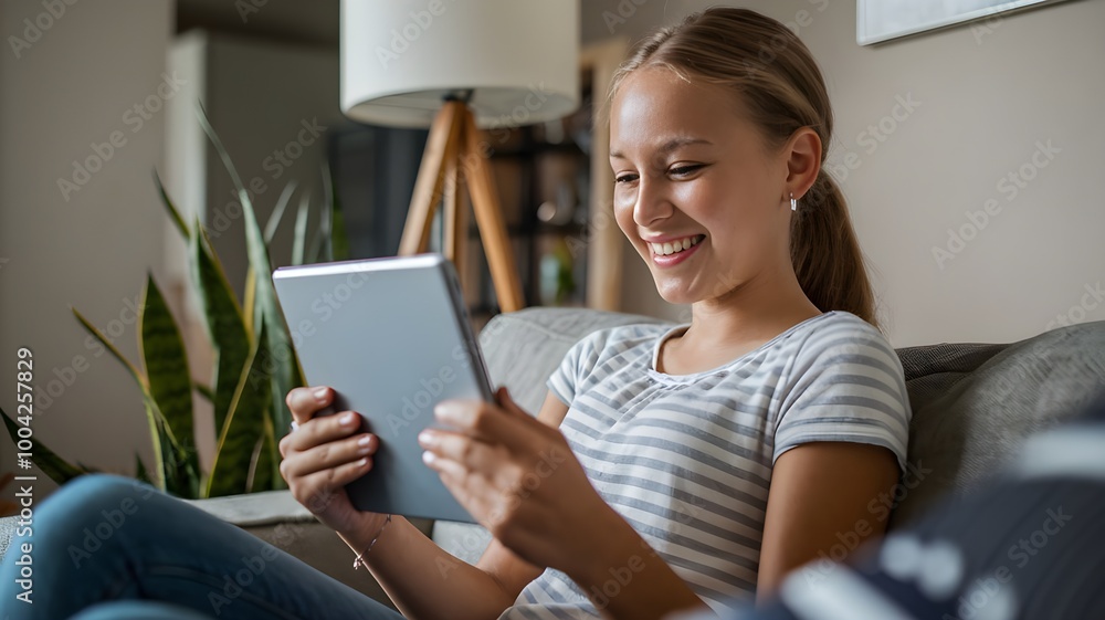 Happy teen girl holding pad computer gadget using digital tablet technology sitting on the couch at home. Smiling young woman using apps, shopping online, reading news, browsing internet on sofa Happy teen girl holding pad computer gadget using digital tablet technology sitting on the couch at home. Smiling young woman using apps, shopping online, reading news, browsing internet on sofa