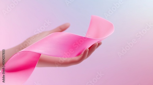 Woman hand holding pink ribbon against pink background symbolizing Breast Cancer Awareness Month with a minimalistic and supportive design