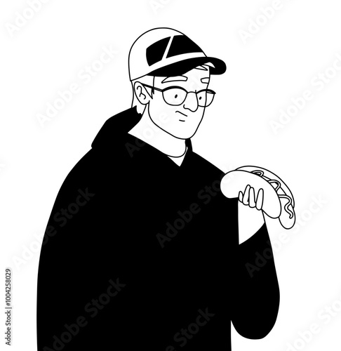 Outline, young man sadly holding a limp hotdog, impotence threat. Vector illustration