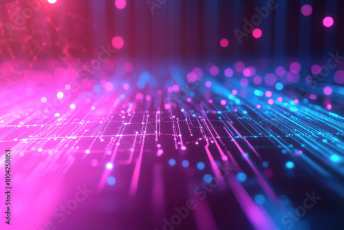 Dazzling array of vibrant lights illuminating a futuristic digital landscape with intricate connections at night. Generative AI