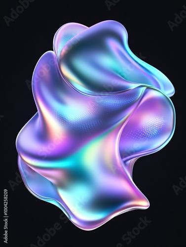 Abstract colorful fluid shape with a glossy surface and smooth curves isolated on a black background. A minimalist poster in metallic and chrome gradient style.