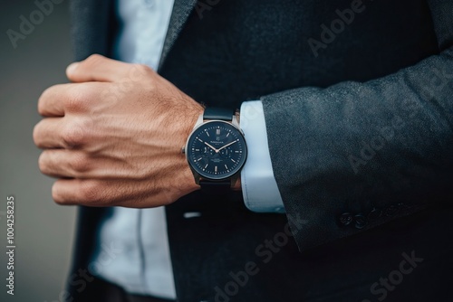 Close up of a Man Wearing a Black suite with decent watch in hand | Business man .generative ai