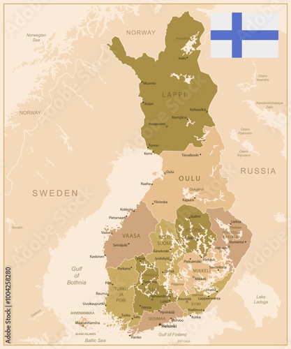 Finland - detailed map of the country in brown colors, divided into regions. Vector illustration