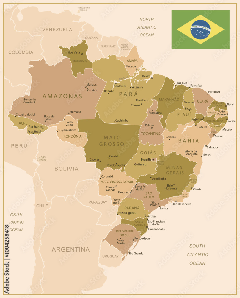 Obraz premium Brazil - detailed map of the country in brown colors, divided into regions. Vector illustration