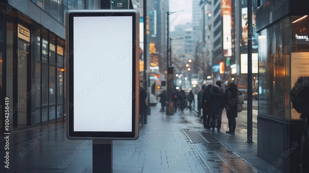 sleek vertical billboard mockup in urban bus stop setting. clean white surface contrasts with bustling city street, offering prime advertising space for eye-catching campaigns. sleek vertical billboard mockup in urban bus stop setting. clean white surface contrasts with bustling city street, offering prime advertising space for eye-catching campaigns.