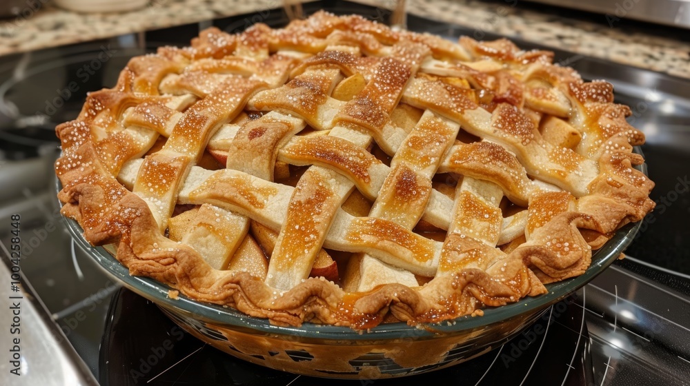 Homemade Apple Pie with Lattice Crust in Baking Dish on Wooden Table Homemade Apple Pie with Lattice Crust in Baking Dish on Wooden Table