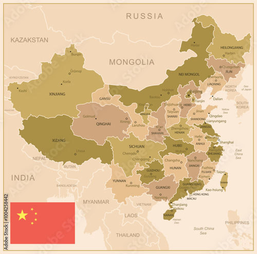 Canvas Print China - detailed map of the country in brown colors, divided into regions