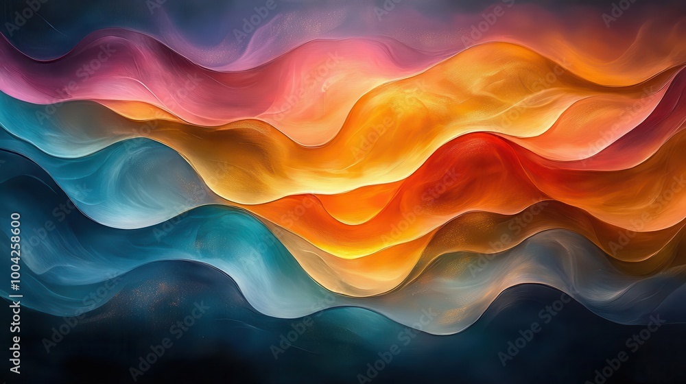 Obraz premium modern abstract wave in vibrant hues of teal coral and gold flowing seamlessly across the canvas evoking a sense of movement and energy with a soft glow illuminating the piece