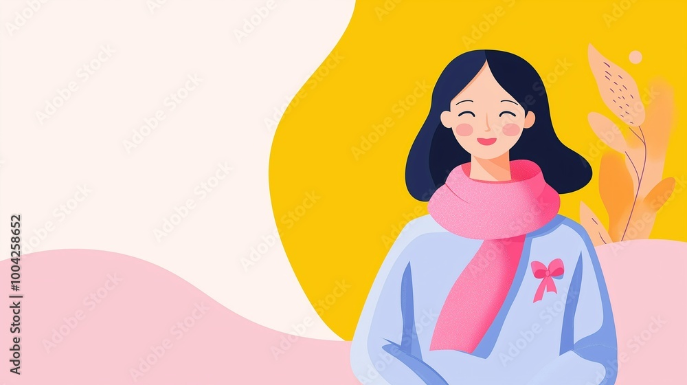 Trendy flat minimalist illustration featuring woman in pink scarf with pink ribbon on chest, representing Breast Cancer Awareness Month with soft pastel colors and an empowering message Trendy flat minimalist illustration featuring woman in pink scarf with pink ribbon on chest, representing Breast Cancer Awareness Month with soft pastel colors and an empowering message
