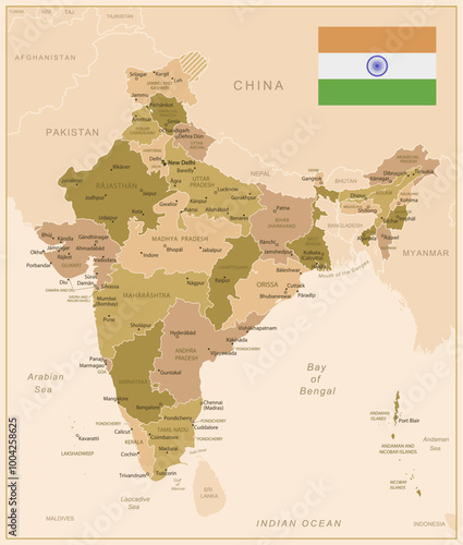 India - detailed map of the country in brown colors, divided into regions. Vector illustration